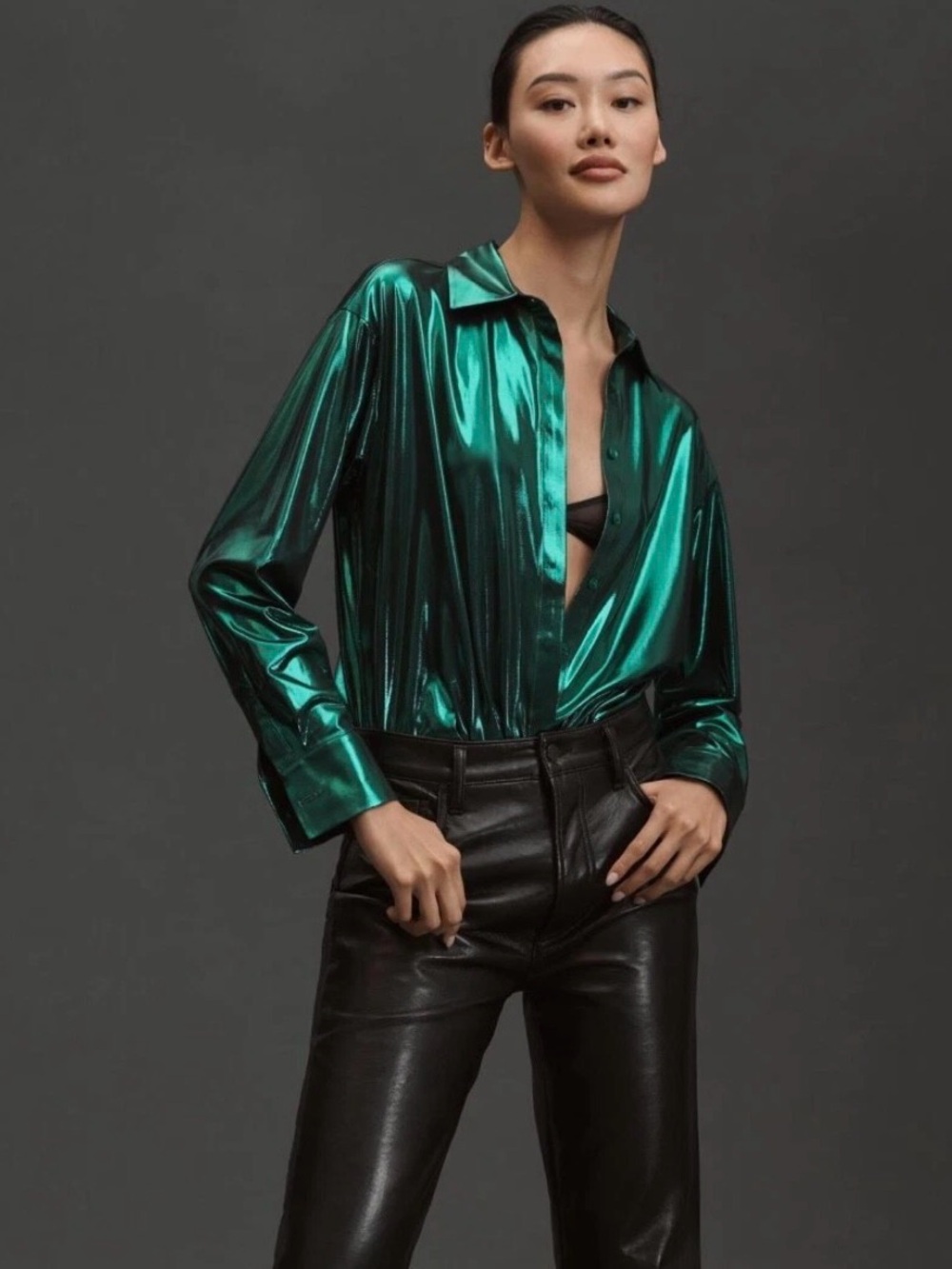 Anthropologie Shiny Emerald Green Button-Down Blouse